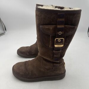 UGG Retro Cargo Buckle Sheepskin/Leather Size 7 Boots Tall Sherpa Zipper Closure